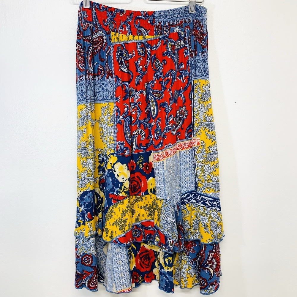 Multiples Patchwork Floral Midi Skirt Medium Pull On ‎ Flowy Ruffle  Boho